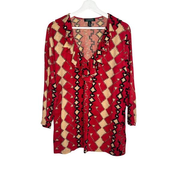 Lauren Ralph Lauren Aztec Print 3/4 Sleeve V-Neck Tunic Blouse Red Plus Size 3X - Picture 1 of 7